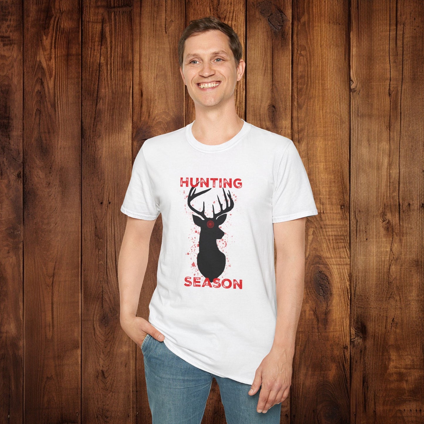 Deer Silhouette Hunting Season Unisex Softstyle T-Shirt - Wildlife Target Antlers Red Paint Splatter Tee, Hunter Gift, Outdoor Apparel, - EternalAscension