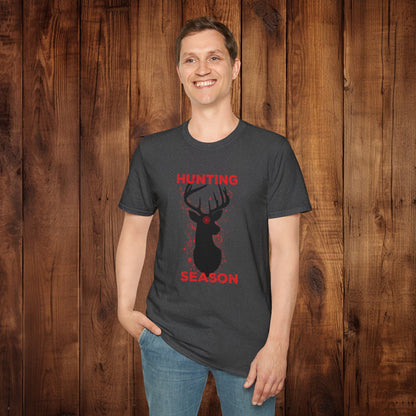 Deer Silhouette Hunting Season Unisex Softstyle T-Shirt - Wildlife Target Antlers Red Paint Splatter Tee, Hunter Gift, Outdoor Apparel, - EternalAscension