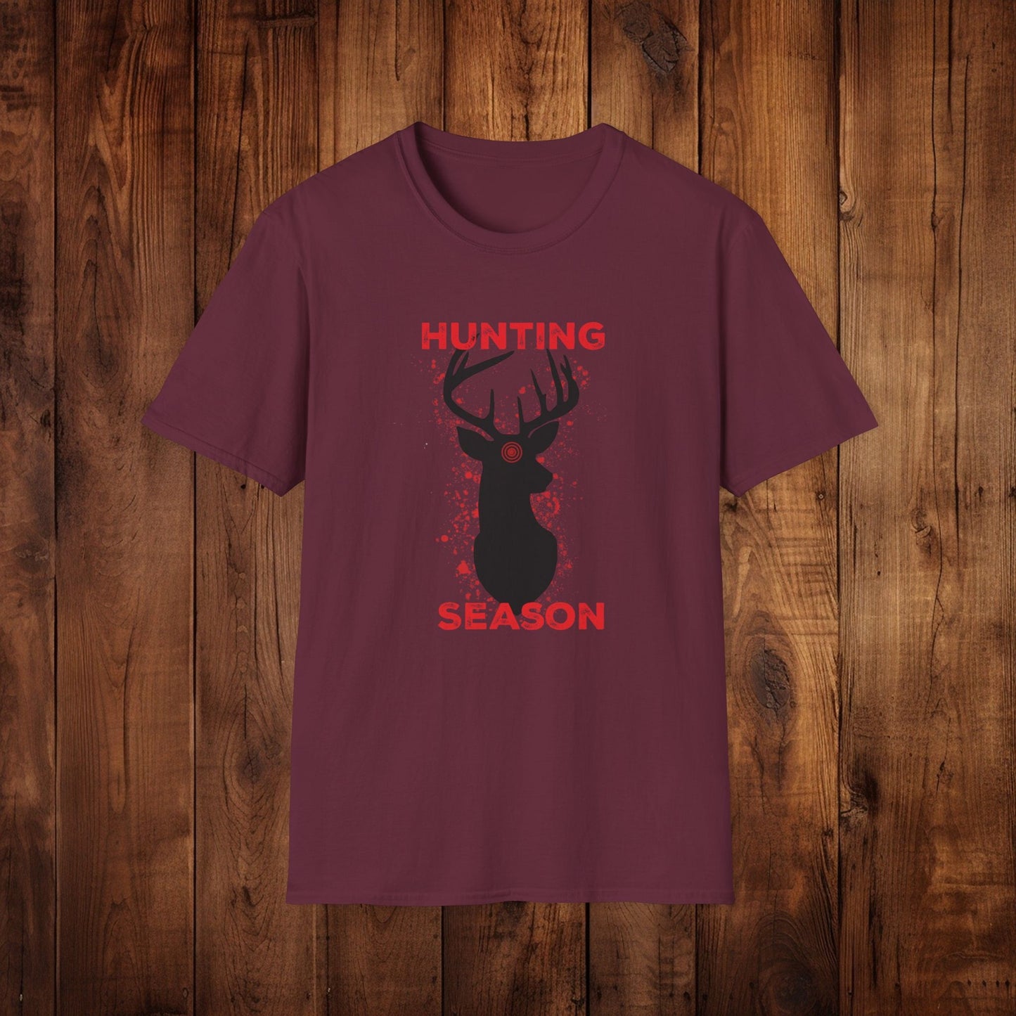 Deer Silhouette Hunting Season Unisex Softstyle T-Shirt - Wildlife Target Antlers Red Paint Splatter Tee, Hunter Gift, Outdoor Apparel, - EternalAscension
