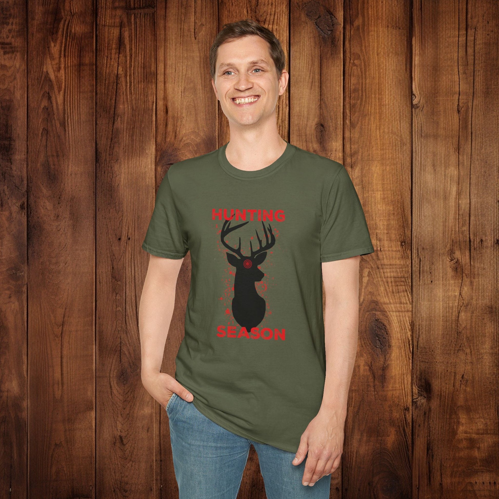 Deer Silhouette Hunting Season Unisex Softstyle T-Shirt - Wildlife Target Antlers Red Paint Splatter Tee, Hunter Gift, Outdoor Apparel, - EternalAscension