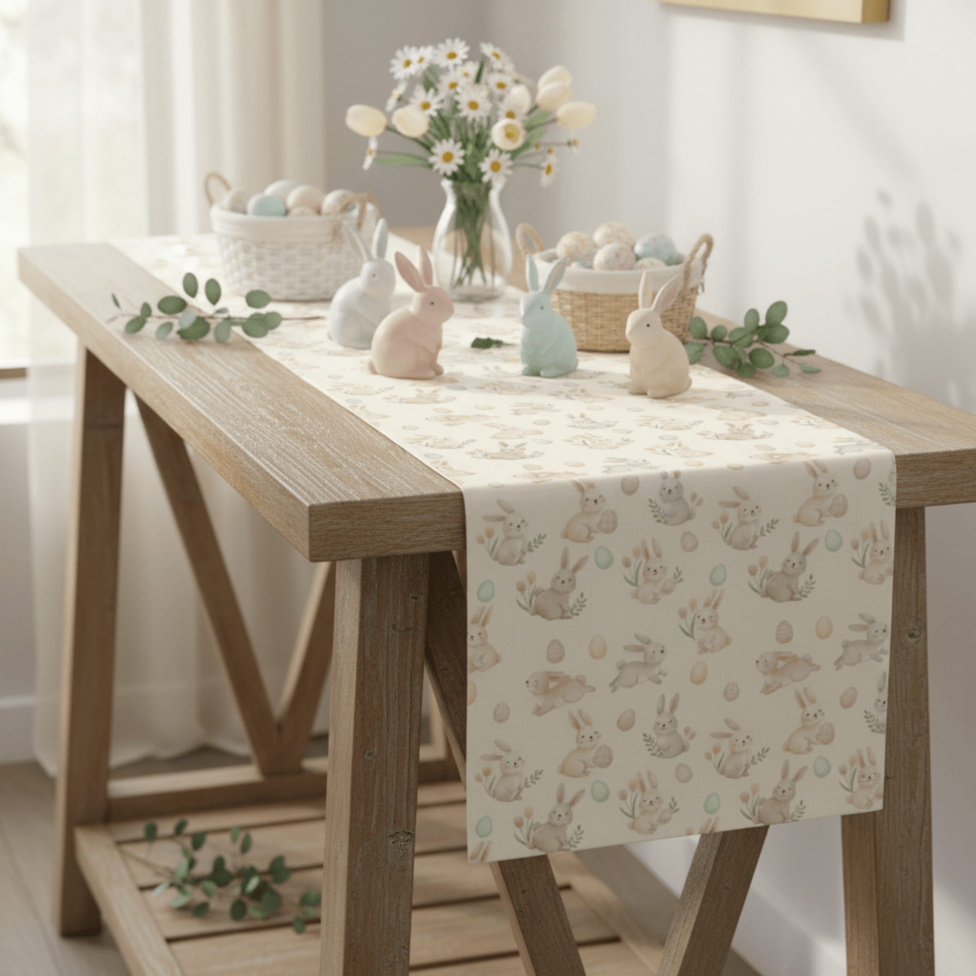 Easter Bunny Pattern Table Runner | Bunny Egg Floral Table Runner - EternalAscension