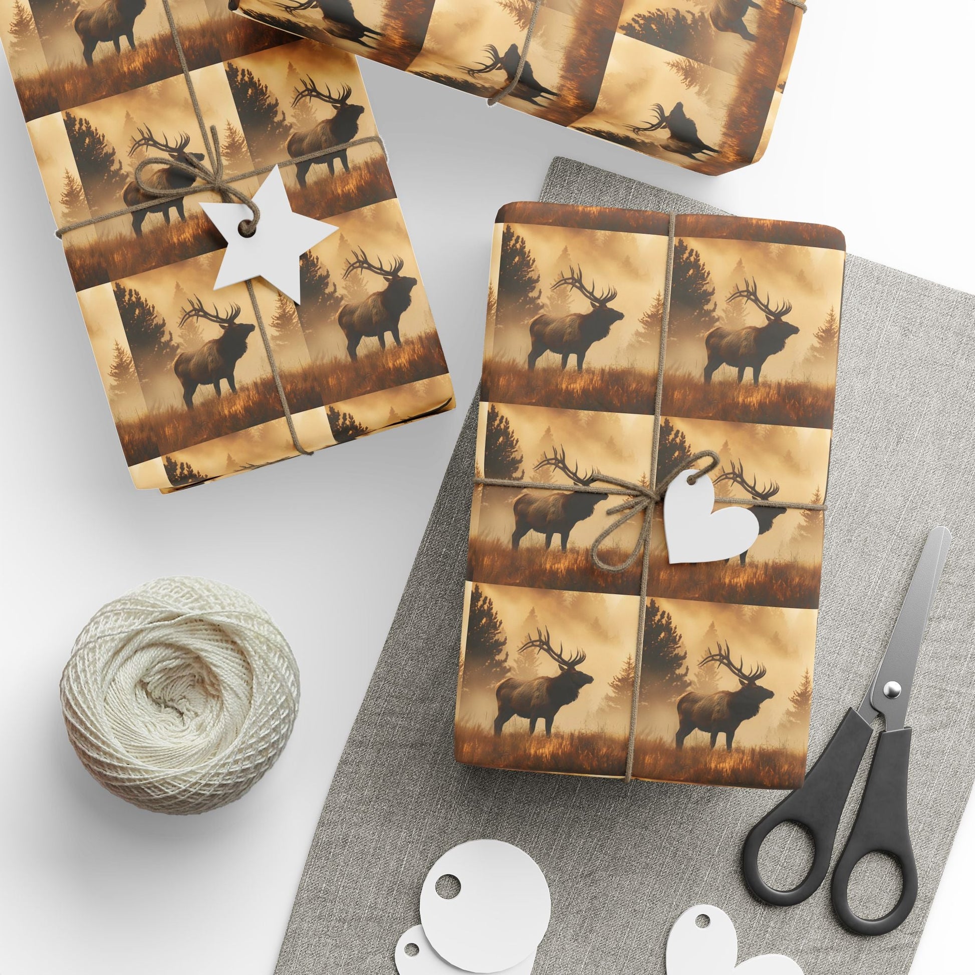 Elk Sunrise Forest Wrapping Paper, Nature Lover Gift Wrap Roll, Mystical Woods Giftwrap, Custom Printed Present Paper, Foggy Forest - EternalAscension