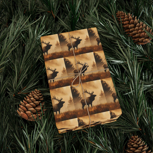 Elk Sunrise Forest Wrapping Paper, Nature Lover Gift Wrap Roll, Mystical Woods Giftwrap, Custom Printed Present Paper, Foggy Forest - EternalAscension