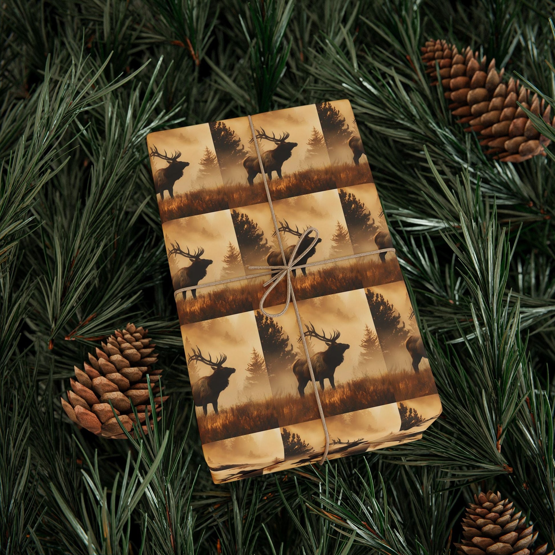 Elk Sunrise Forest Wrapping Paper, Nature Lover Gift Wrap Roll, Mystical Woods Giftwrap, Custom Printed Present Paper, Foggy Forest - EternalAscension