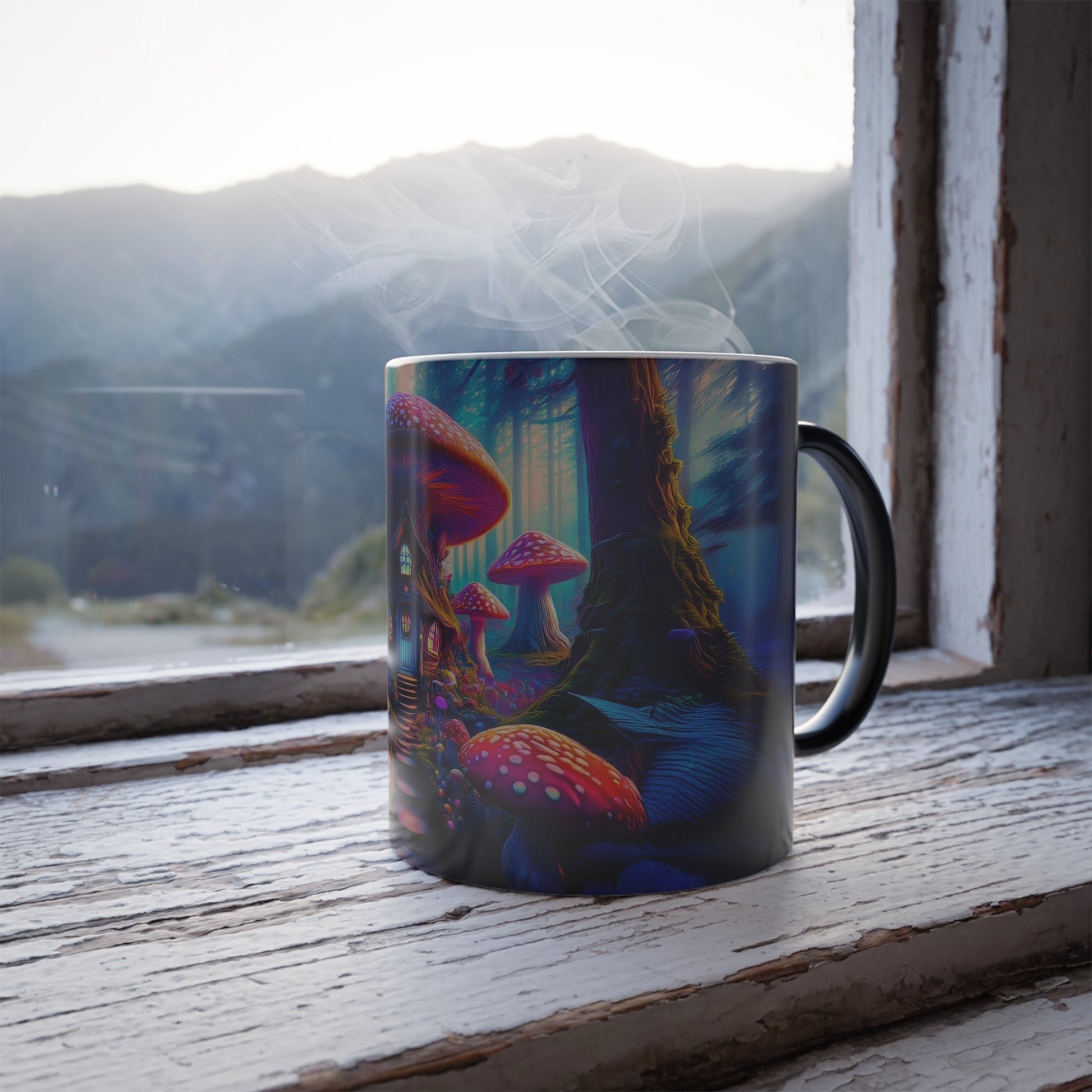 Fantasy Enchanted Mushroom House Color Morphing Mug, 11oz - Magical Whimsical Fairy Tale Coffee Cup, Ethereal Forest Gift, Fantasy Lover - EternalAscension