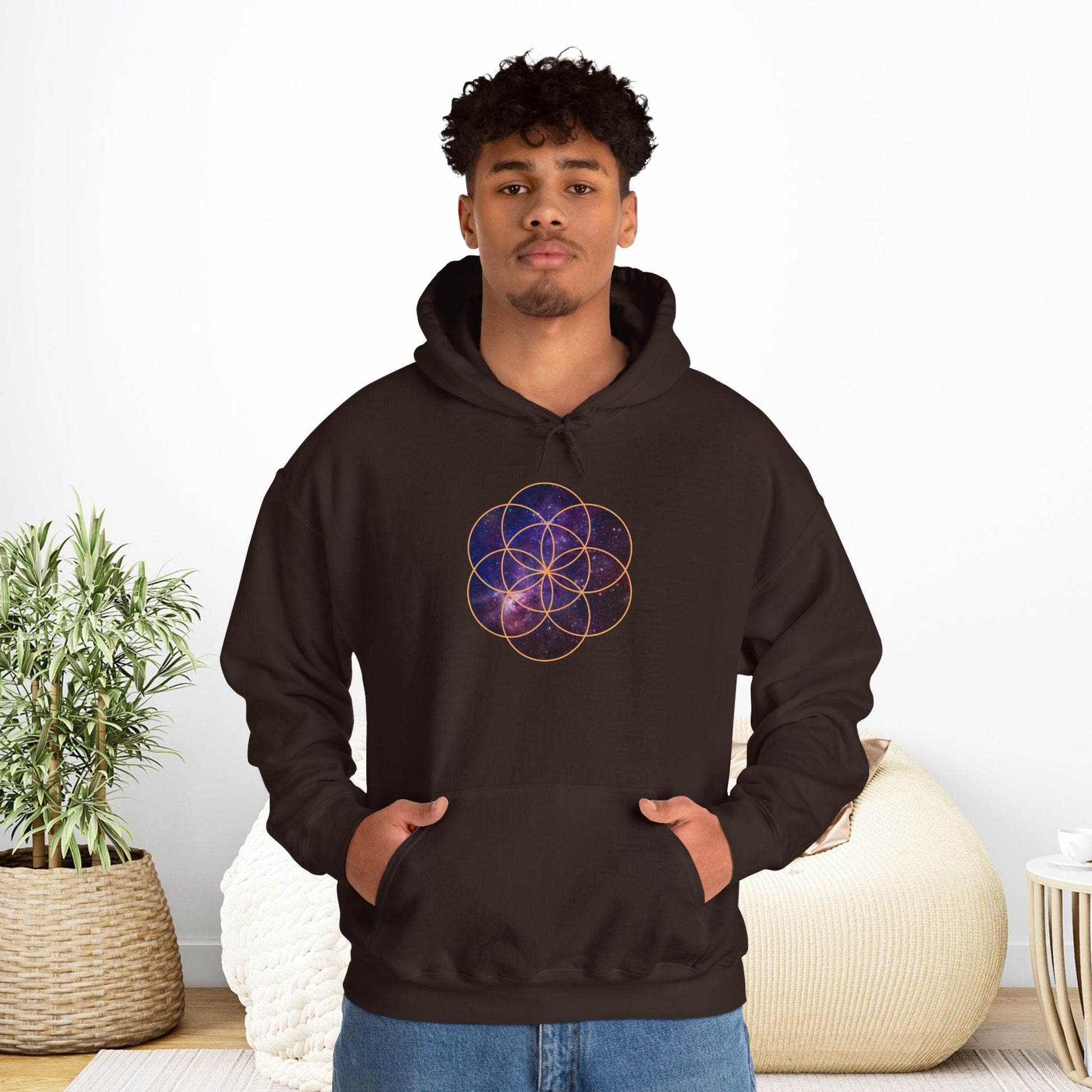 Golden Seed of Life Cosmic Hoodie Sweatshirt, Sacred Geometry Space Nebula Pullover, Unisex Galaxy Print Jumper, Vibrant Geometric Sweater, - EternalAscension