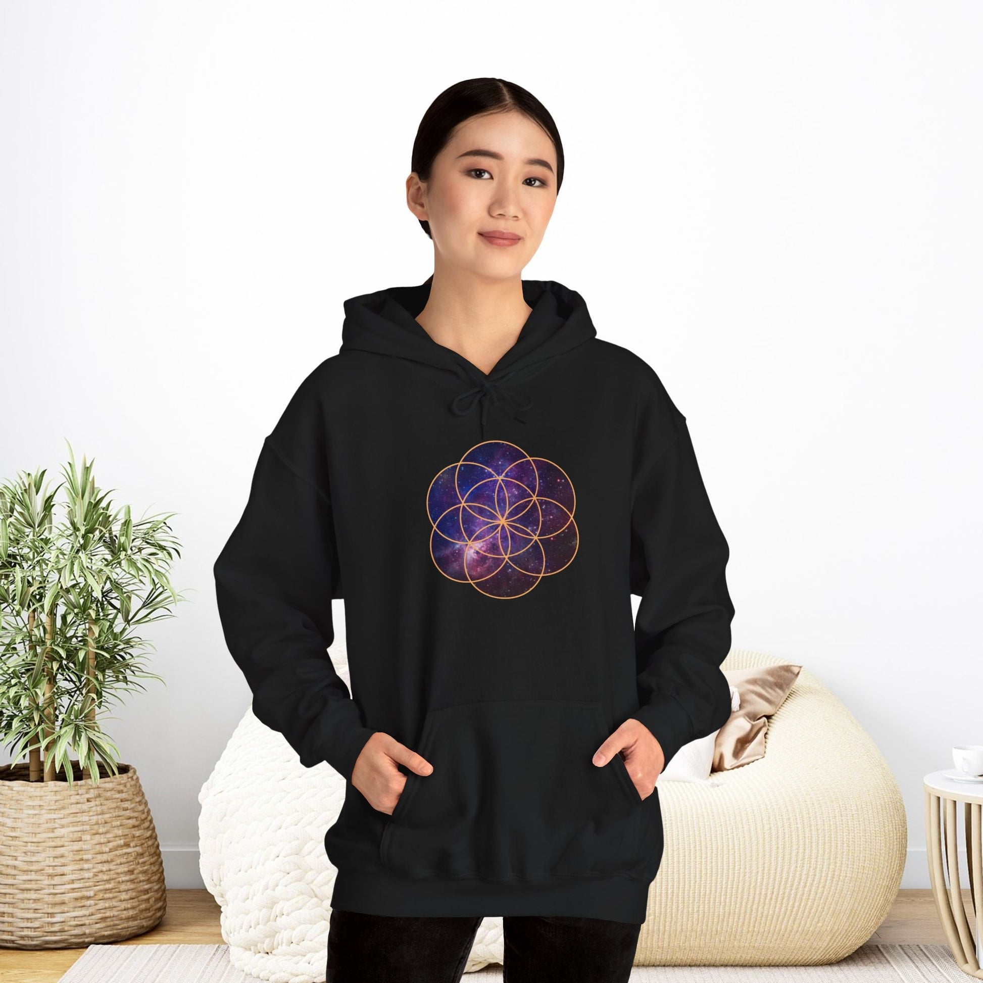 Golden Seed of Life Cosmic Hoodie Sweatshirt, Sacred Geometry Space Nebula Pullover, Unisex Galaxy Print Jumper, Vibrant Geometric Sweater, - EternalAscension