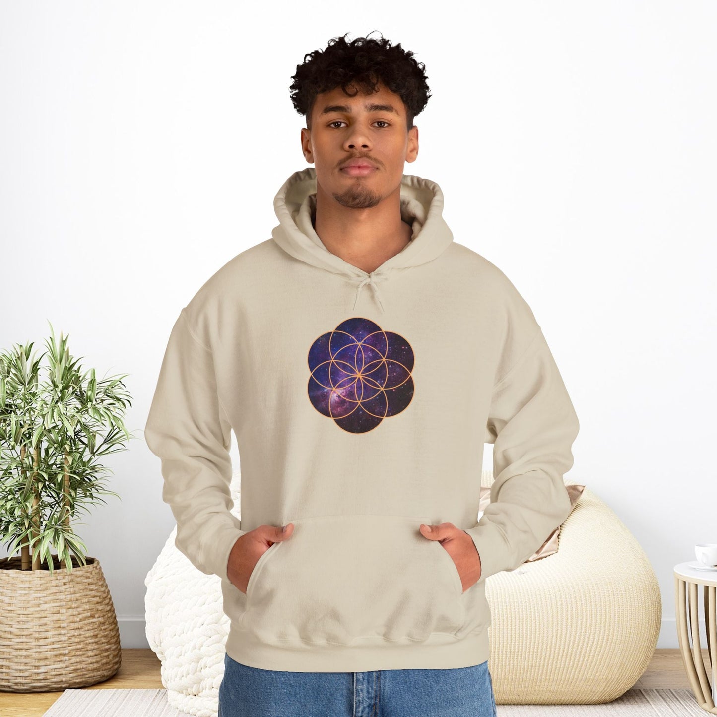 Golden Seed of Life Cosmic Hoodie Sweatshirt, Sacred Geometry Space Nebula Pullover, Unisex Galaxy Print Jumper, Vibrant Geometric Sweater, - EternalAscension