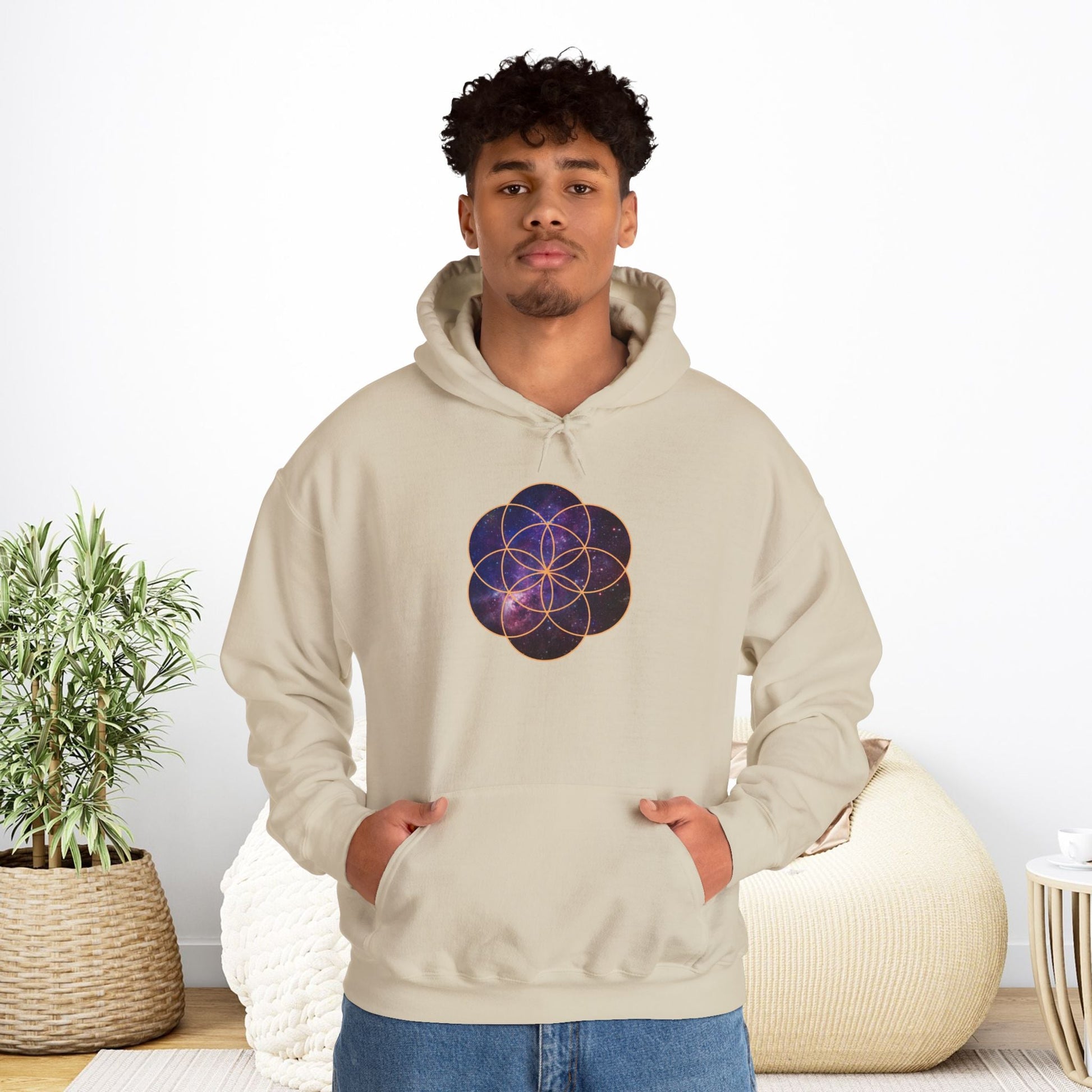 Golden Seed of Life Cosmic Hoodie Sweatshirt, Sacred Geometry Space Nebula Pullover, Unisex Galaxy Print Jumper, Vibrant Geometric Sweater, - EternalAscension