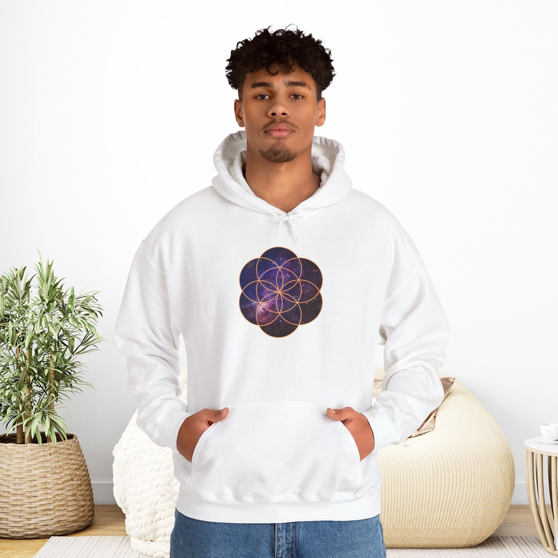 Golden Seed of Life Cosmic Hoodie Sweatshirt, Sacred Geometry Space Nebula Pullover, Unisex Galaxy Print Jumper, Vibrant Geometric Sweater, - EternalAscension