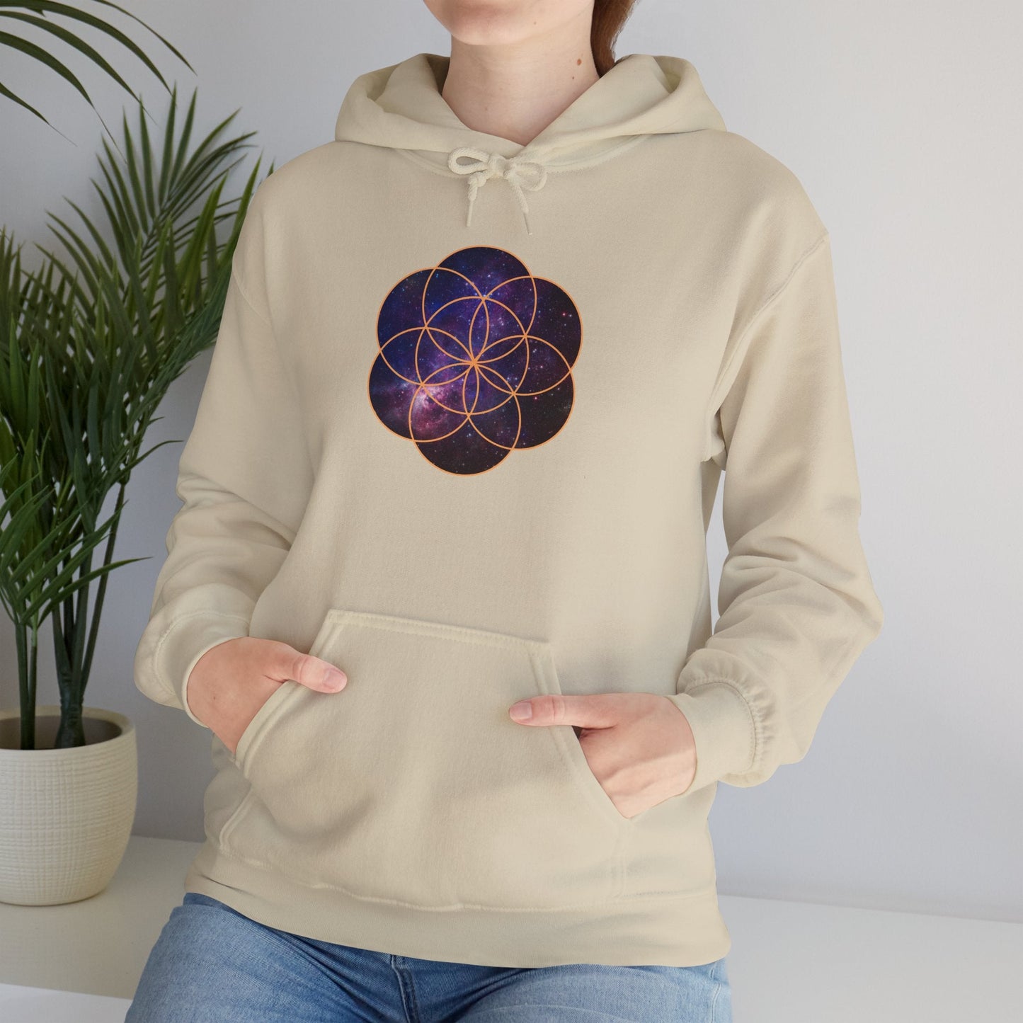 Golden Seed of Life Cosmic Hoodie Sweatshirt, Sacred Geometry Space Nebula Pullover, Unisex Galaxy Print Jumper, Vibrant Geometric Sweater, - EternalAscension