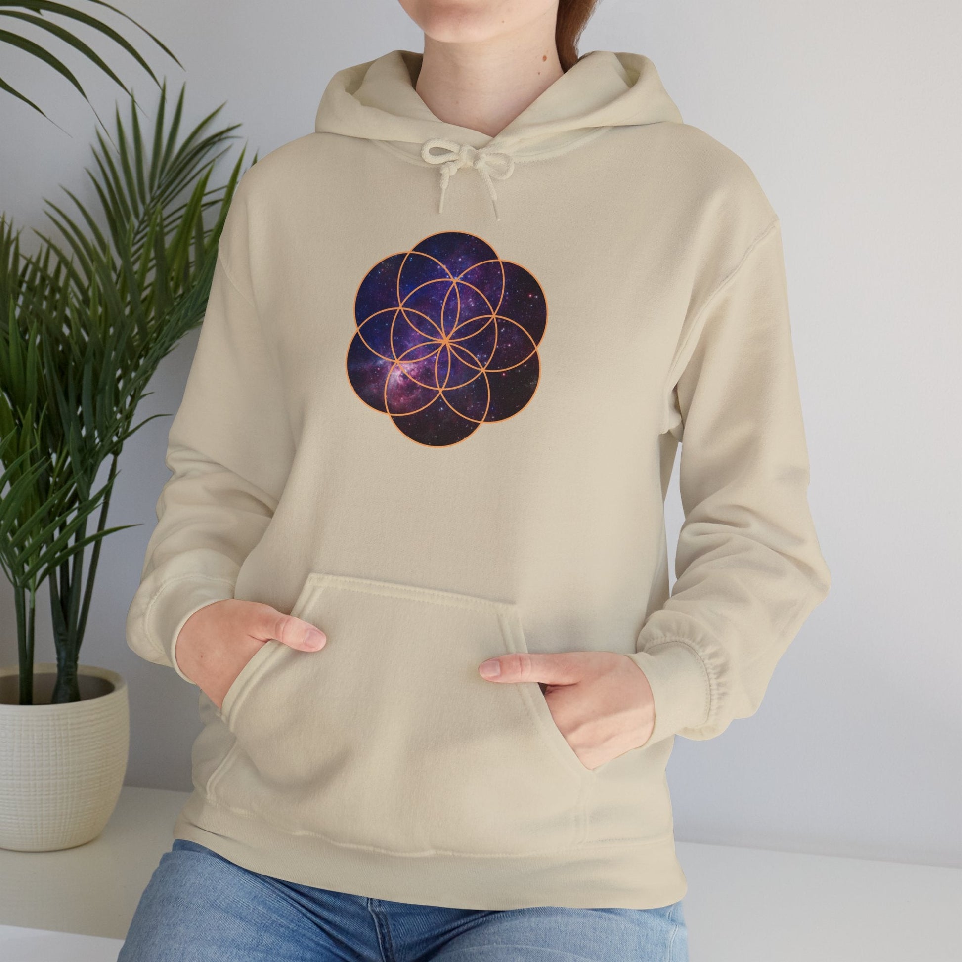 Golden Seed of Life Cosmic Hoodie Sweatshirt, Sacred Geometry Space Nebula Pullover, Unisex Galaxy Print Jumper, Vibrant Geometric Sweater, - EternalAscension