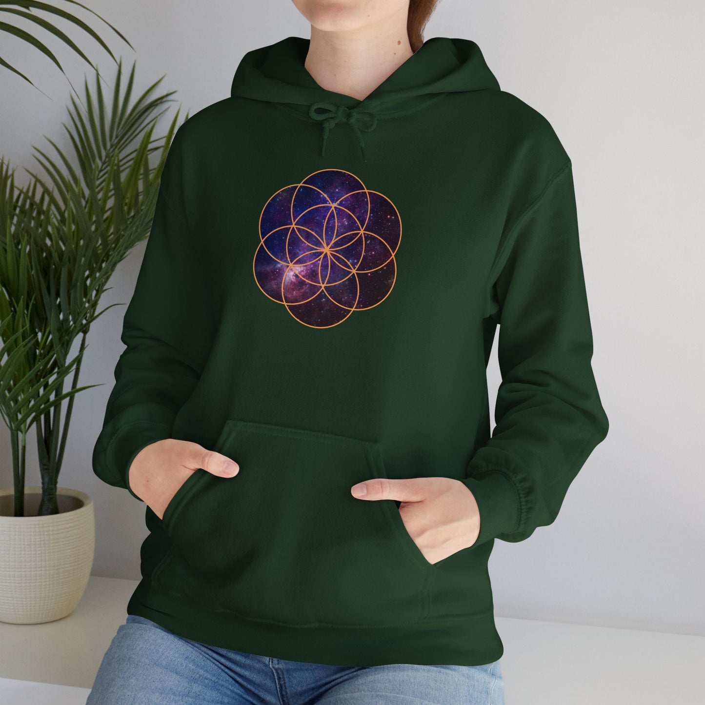 Golden Seed of Life Cosmic Hoodie Sweatshirt, Sacred Geometry Space Nebula Pullover, Unisex Galaxy Print Jumper, Vibrant Geometric Sweater, - EternalAscension