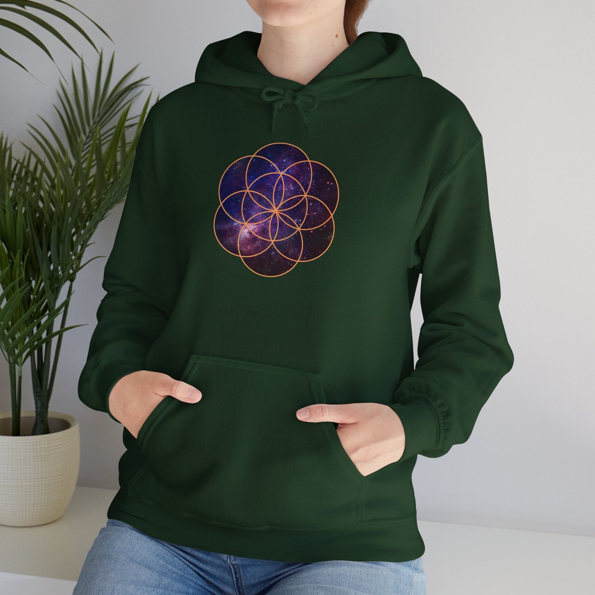 Golden Seed of Life Cosmic Hoodie Sweatshirt, Sacred Geometry Space Nebula Pullover, Unisex Galaxy Print Jumper, Vibrant Geometric Sweater, - EternalAscension
