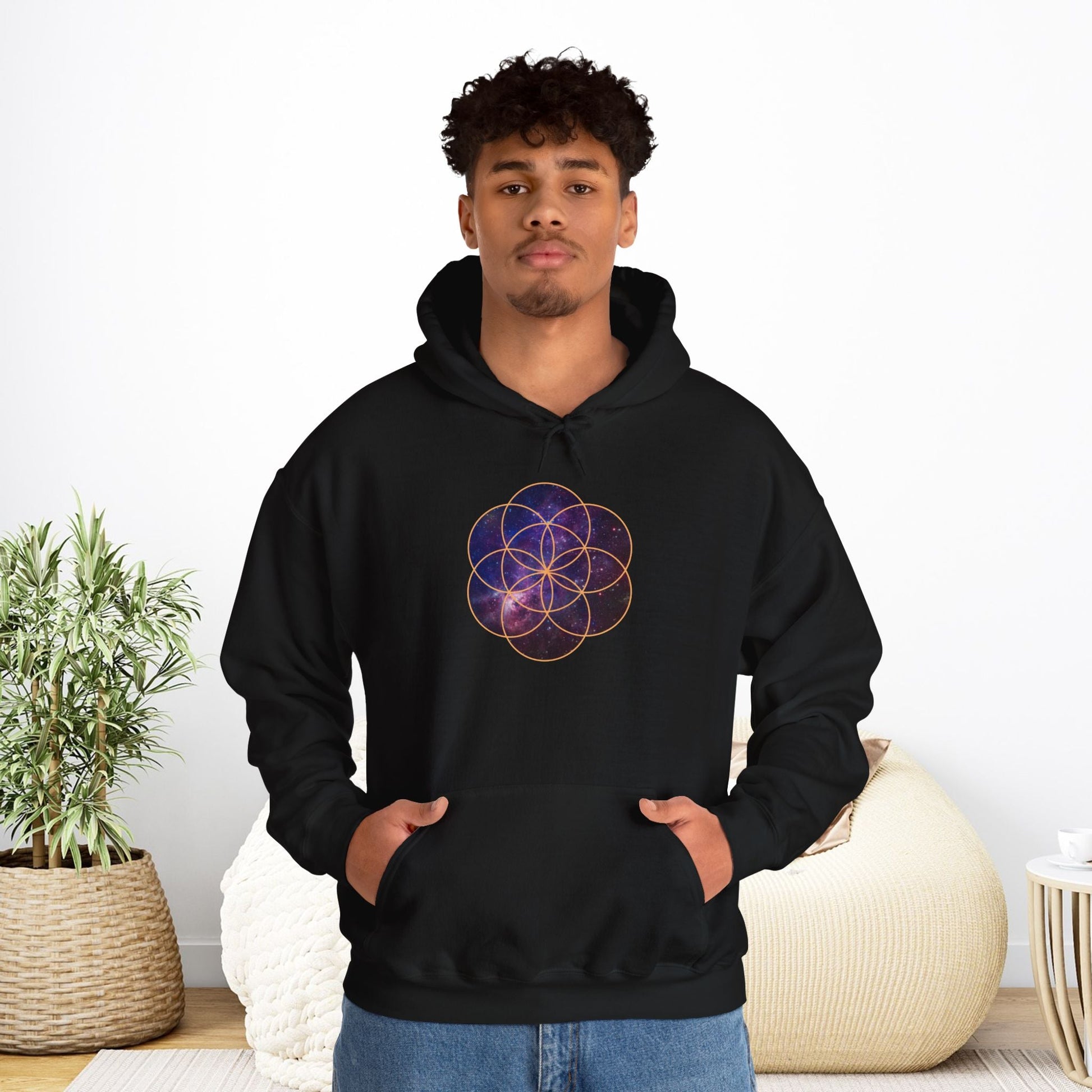 Golden Seed of Life Cosmic Hoodie Sweatshirt, Sacred Geometry Space Nebula Pullover, Unisex Galaxy Print Jumper, Vibrant Geometric Sweater, - EternalAscension