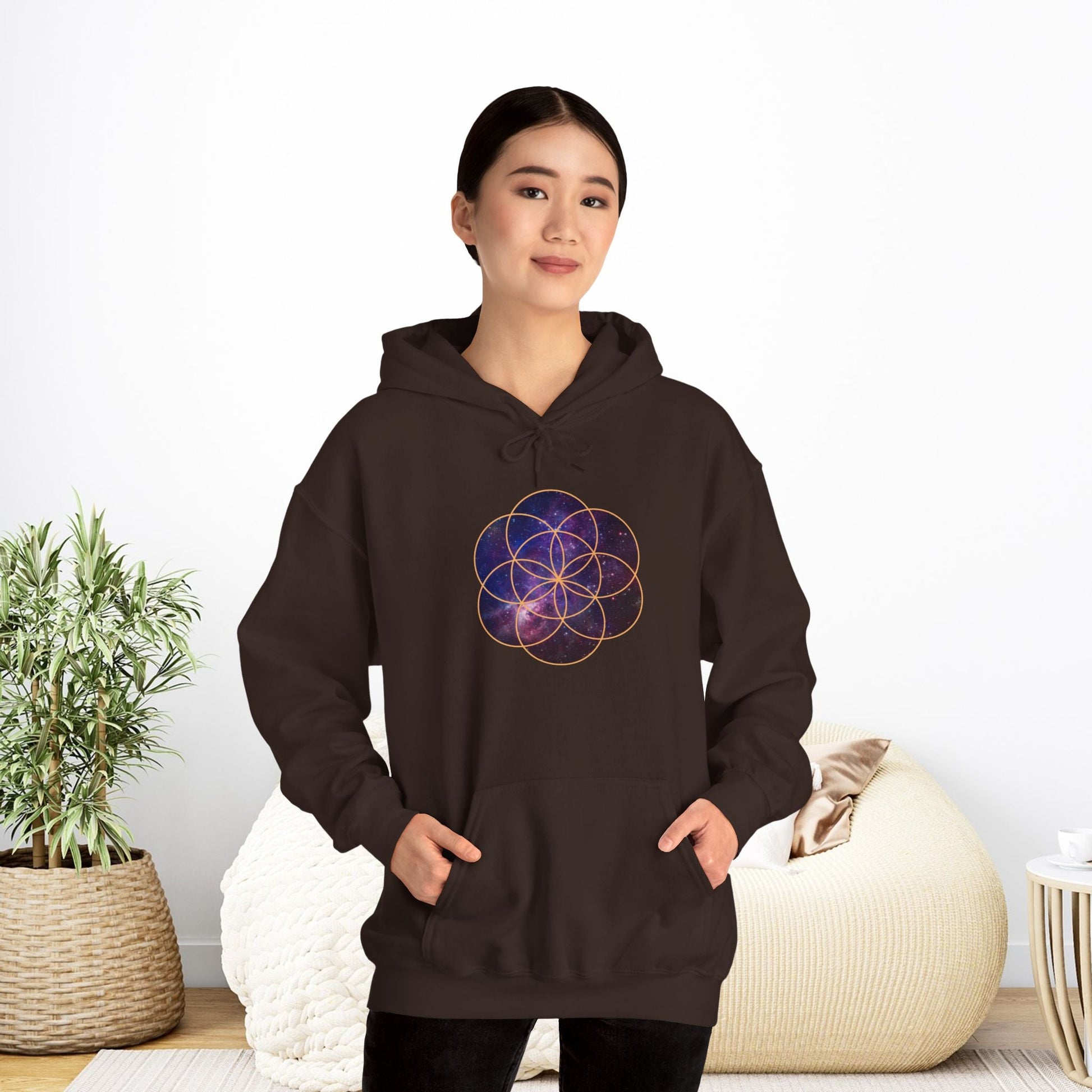 Golden Seed of Life Cosmic Hoodie Sweatshirt, Sacred Geometry Space Nebula Pullover, Unisex Galaxy Print Jumper, Vibrant Geometric Sweater, - EternalAscension