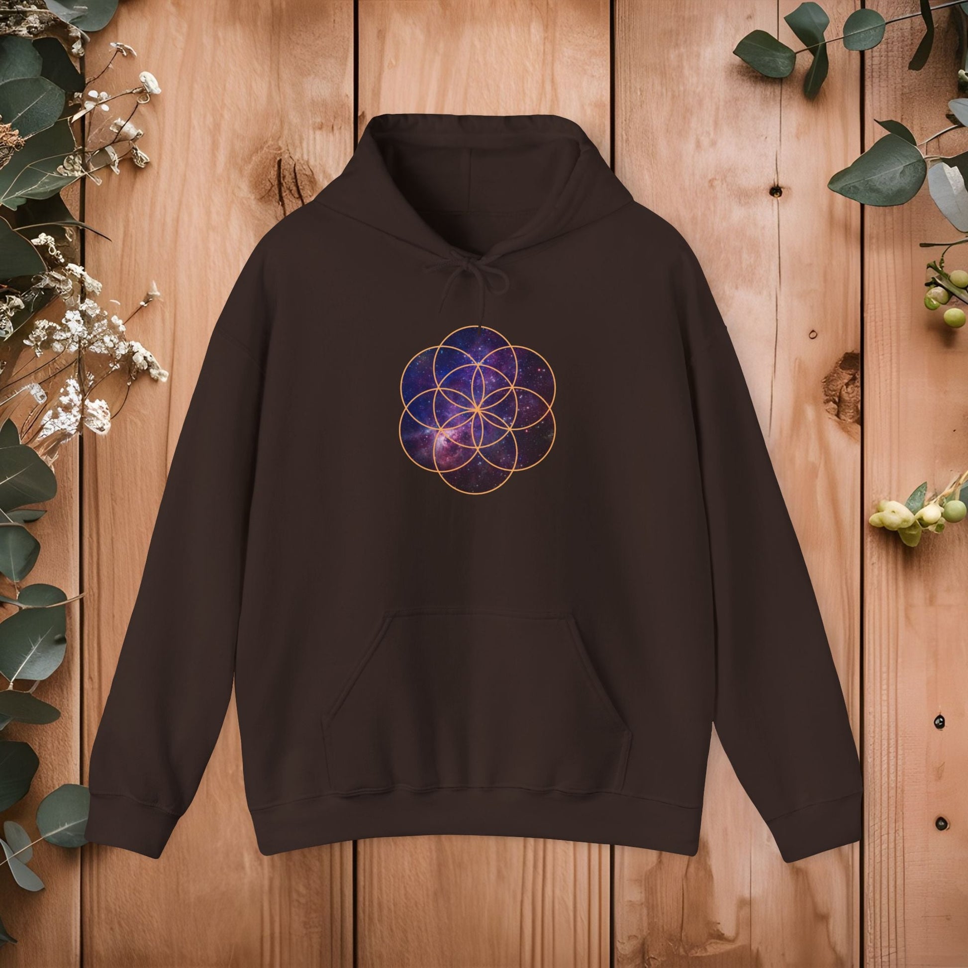 Golden Seed of Life Cosmic Hoodie Sweatshirt, Sacred Geometry Space Nebula Pullover, Unisex Galaxy Print Jumper, Vibrant Geometric Sweater, - EternalAscension