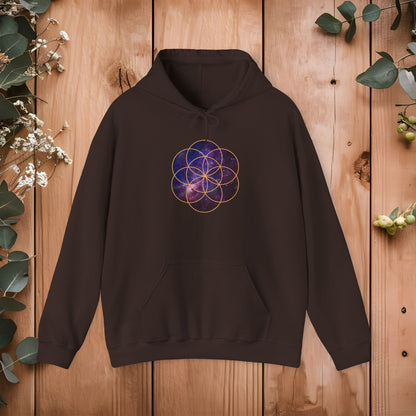 Golden Seed of Life Cosmic Hoodie Sweatshirt, Sacred Geometry Space Nebula Pullover, Unisex Galaxy Print Jumper, Vibrant Geometric Sweater, - EternalAscension