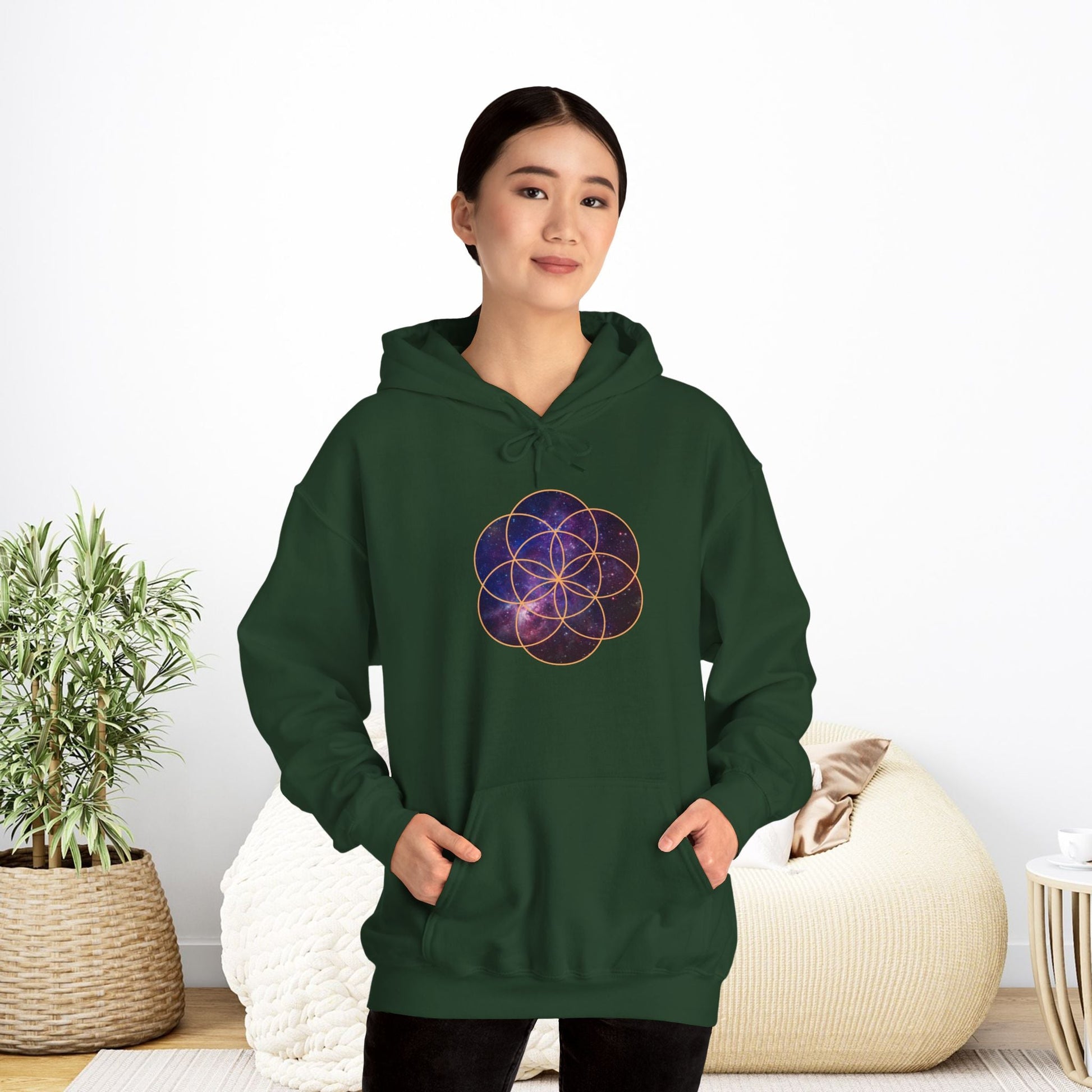 Golden Seed of Life Cosmic Hoodie Sweatshirt, Sacred Geometry Space Nebula Pullover, Unisex Galaxy Print Jumper, Vibrant Geometric Sweater, - EternalAscension