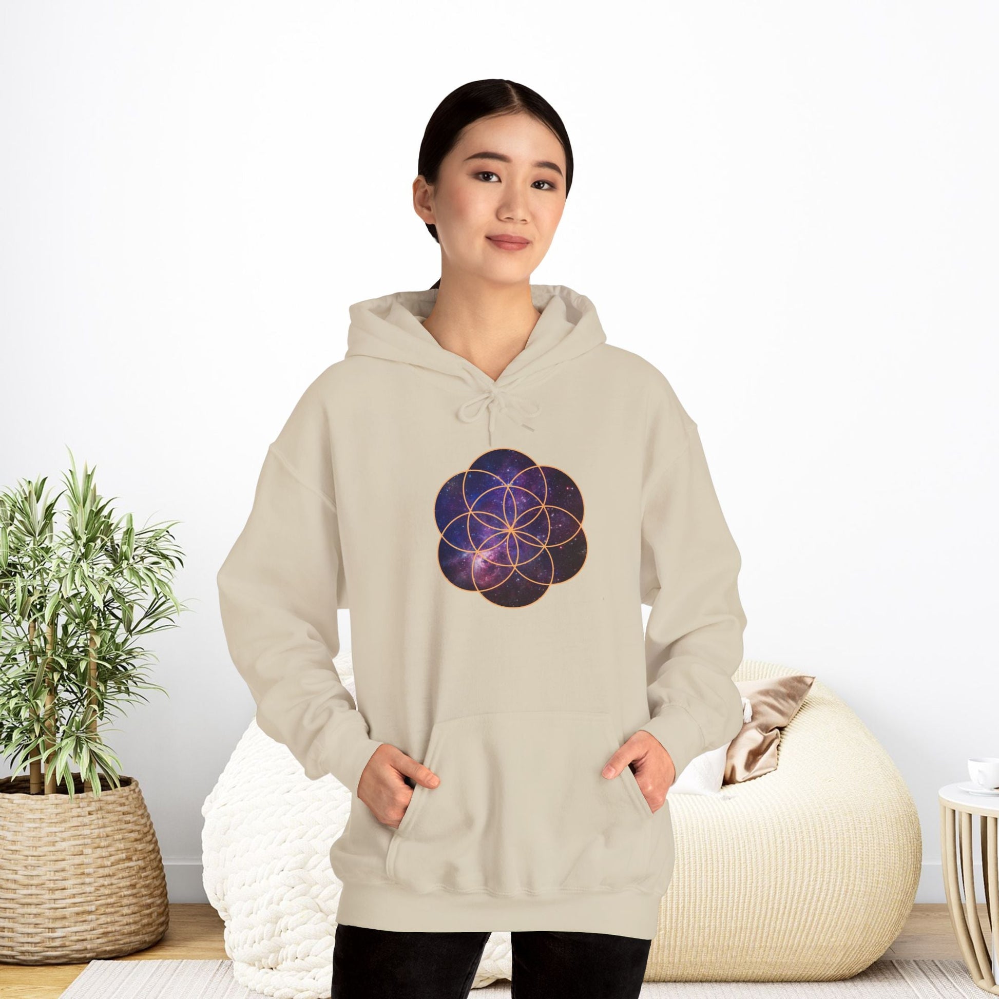 Golden Seed of Life Cosmic Hoodie Sweatshirt, Sacred Geometry Space Nebula Pullover, Unisex Galaxy Print Jumper, Vibrant Geometric Sweater, - EternalAscension