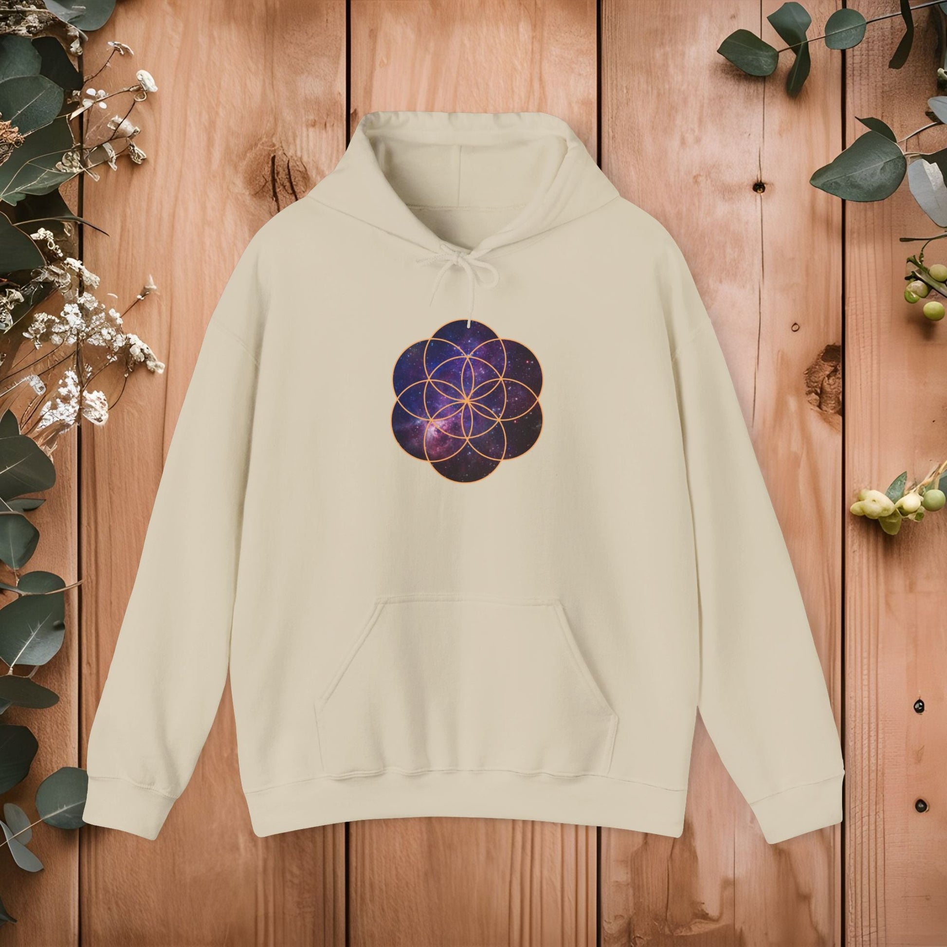 Golden Seed of Life Cosmic Hoodie Sweatshirt, Sacred Geometry Space Nebula Pullover, Unisex Galaxy Print Jumper, Vibrant Geometric Sweater, - EternalAscension