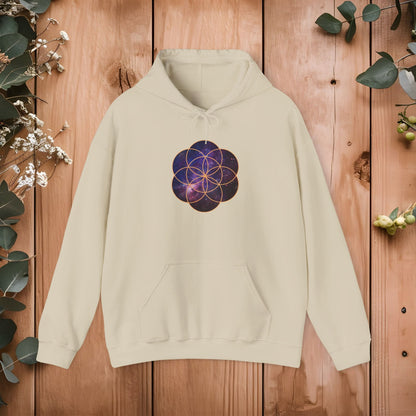 Golden Seed of Life Cosmic Hoodie Sweatshirt, Sacred Geometry Space Nebula Pullover, Unisex Galaxy Print Jumper, Vibrant Geometric Sweater, - EternalAscension