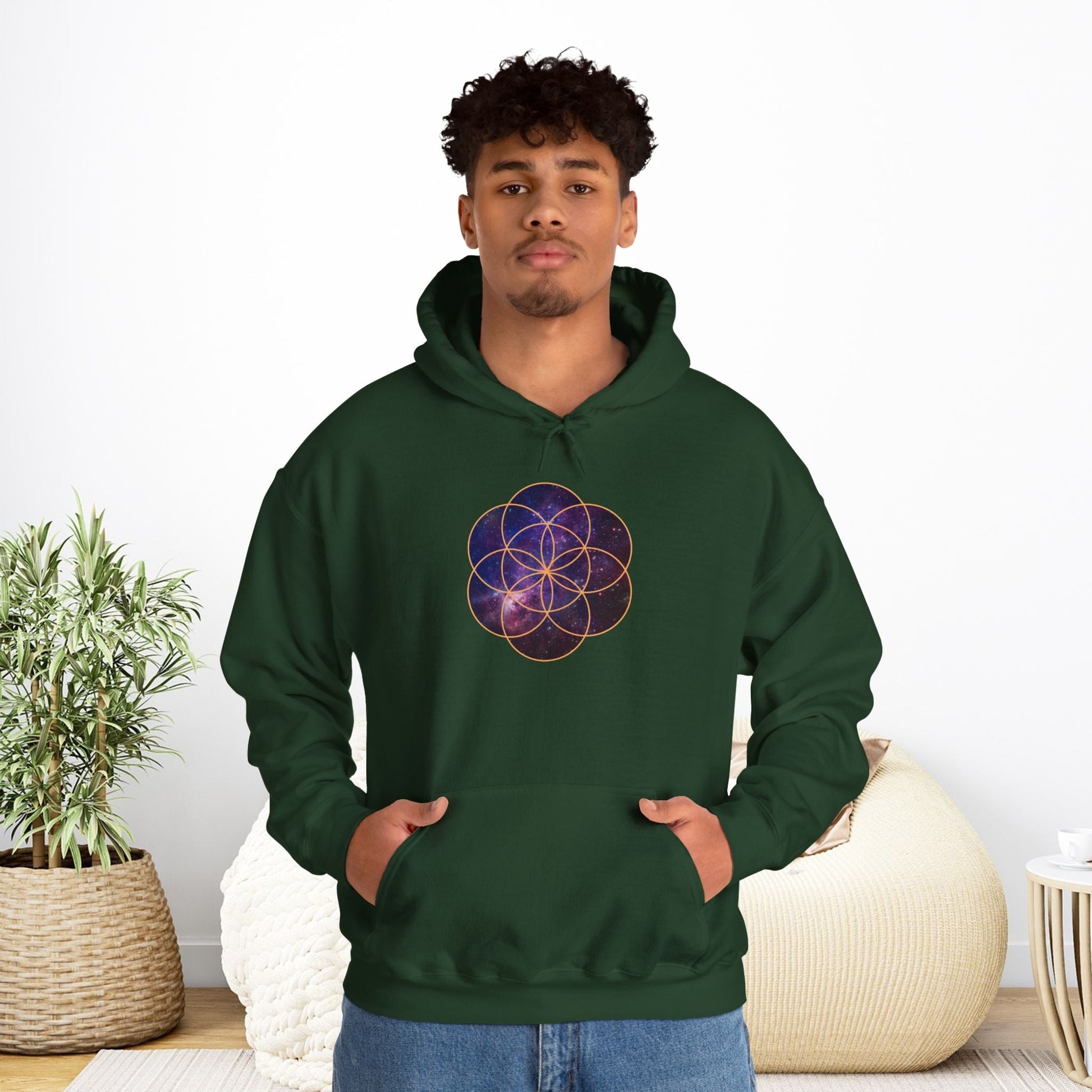 Golden Seed of Life Cosmic Hoodie Sweatshirt, Sacred Geometry Space Nebula Pullover, Unisex Galaxy Print Jumper, Vibrant Geometric Sweater, - EternalAscension