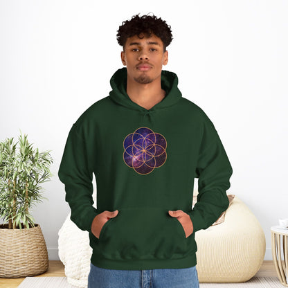 Golden Seed of Life Cosmic Hoodie Sweatshirt, Sacred Geometry Space Nebula Pullover, Unisex Galaxy Print Jumper, Vibrant Geometric Sweater, - EternalAscension