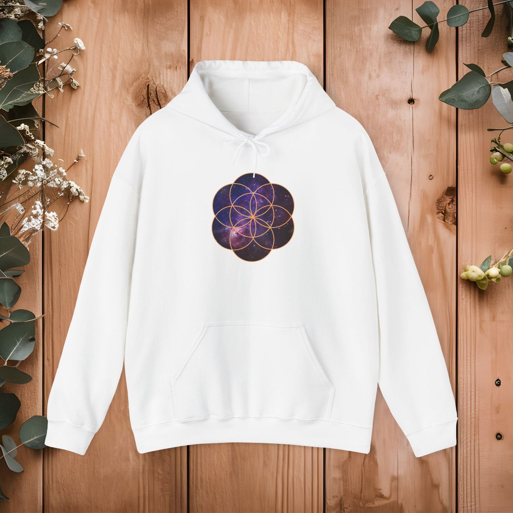Golden Seed of Life Cosmic Hoodie Sweatshirt, Sacred Geometry Space Nebula Pullover, Unisex Galaxy Print Jumper, Vibrant Geometric Sweater, - EternalAscension