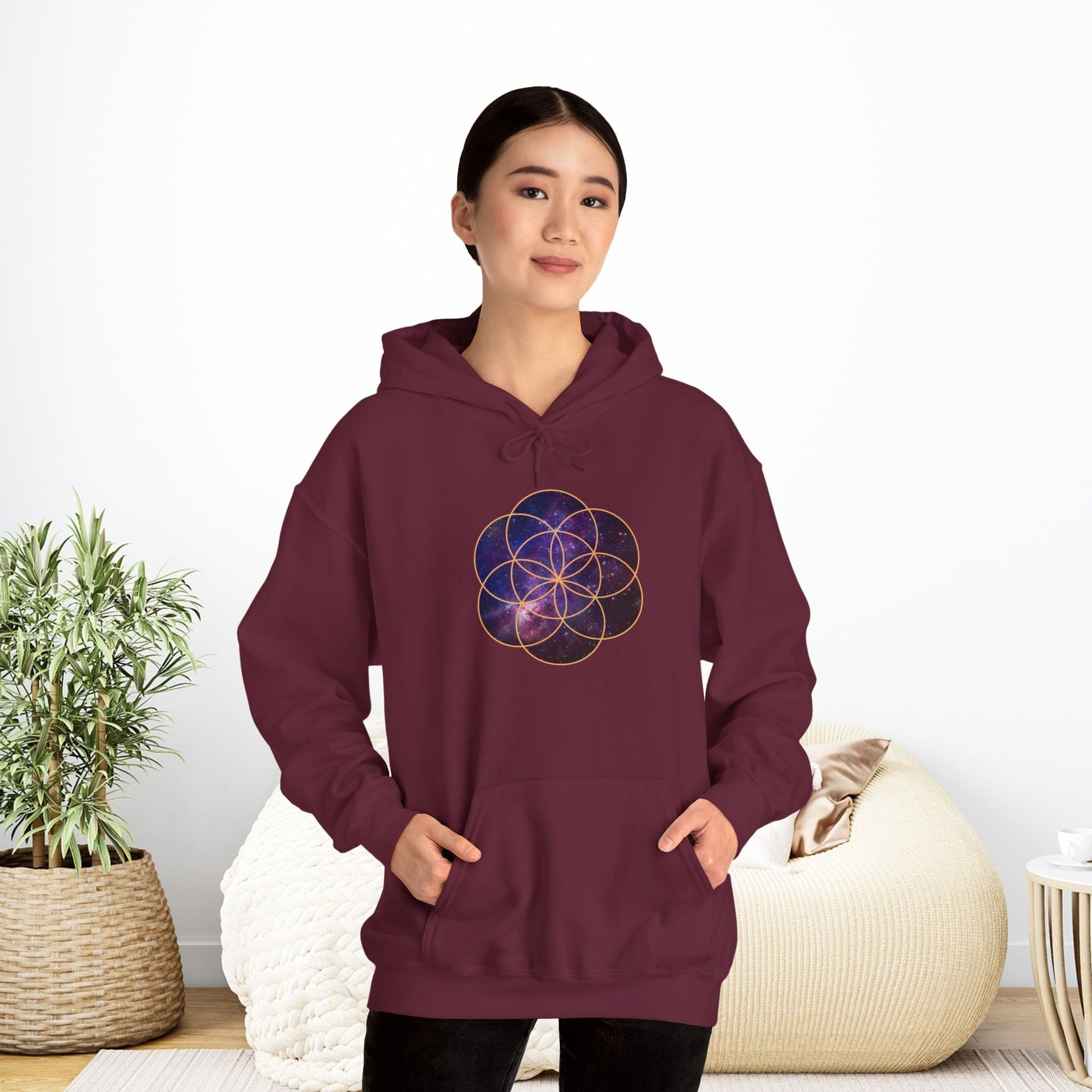 Golden Seed of Life Cosmic Hoodie Sweatshirt, Sacred Geometry Space Nebula Pullover, Unisex Galaxy Print Jumper, Vibrant Geometric Sweater, - EternalAscension