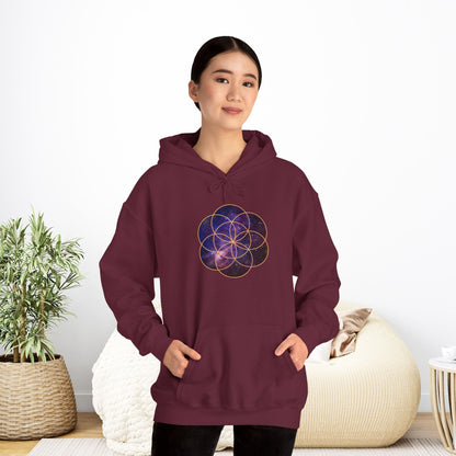 Golden Seed of Life Cosmic Hoodie Sweatshirt, Sacred Geometry Space Nebula Pullover, Unisex Galaxy Print Jumper, Vibrant Geometric Sweater, - EternalAscension