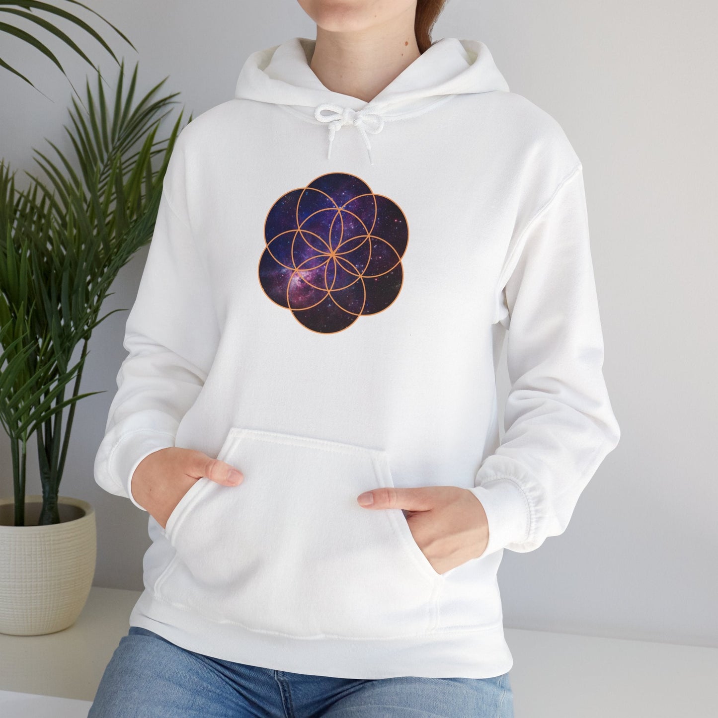 Golden Seed of Life Cosmic Hoodie Sweatshirt, Sacred Geometry Space Nebula Pullover, Unisex Galaxy Print Jumper, Vibrant Geometric Sweater, - EternalAscension