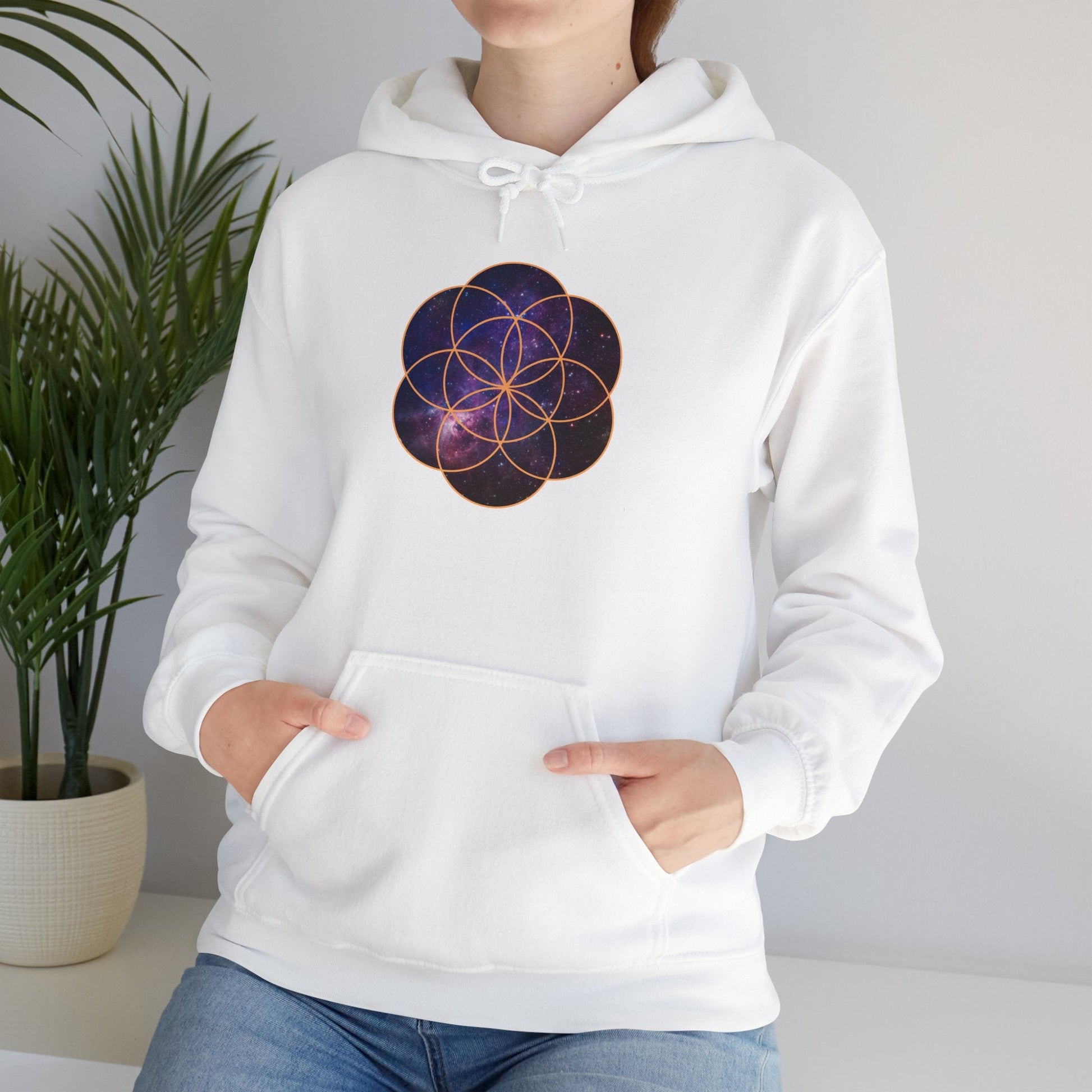 Golden Seed of Life Cosmic Hoodie Sweatshirt, Sacred Geometry Space Nebula Pullover, Unisex Galaxy Print Jumper, Vibrant Geometric Sweater, - EternalAscension