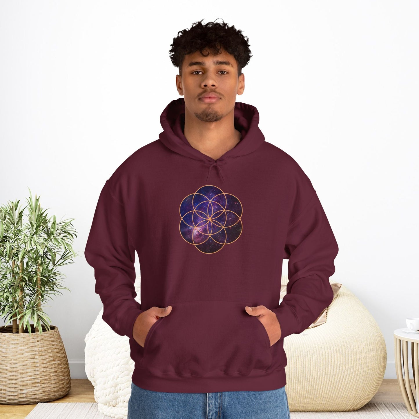 Golden Seed of Life Cosmic Hoodie Sweatshirt, Sacred Geometry Space Nebula Pullover, Unisex Galaxy Print Jumper, Vibrant Geometric Sweater, - EternalAscension