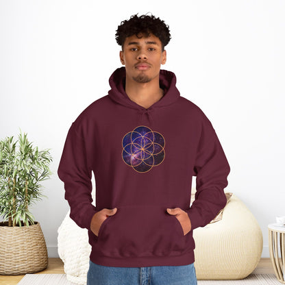 Golden Seed of Life Cosmic Hoodie Sweatshirt, Sacred Geometry Space Nebula Pullover, Unisex Galaxy Print Jumper, Vibrant Geometric Sweater, - EternalAscension