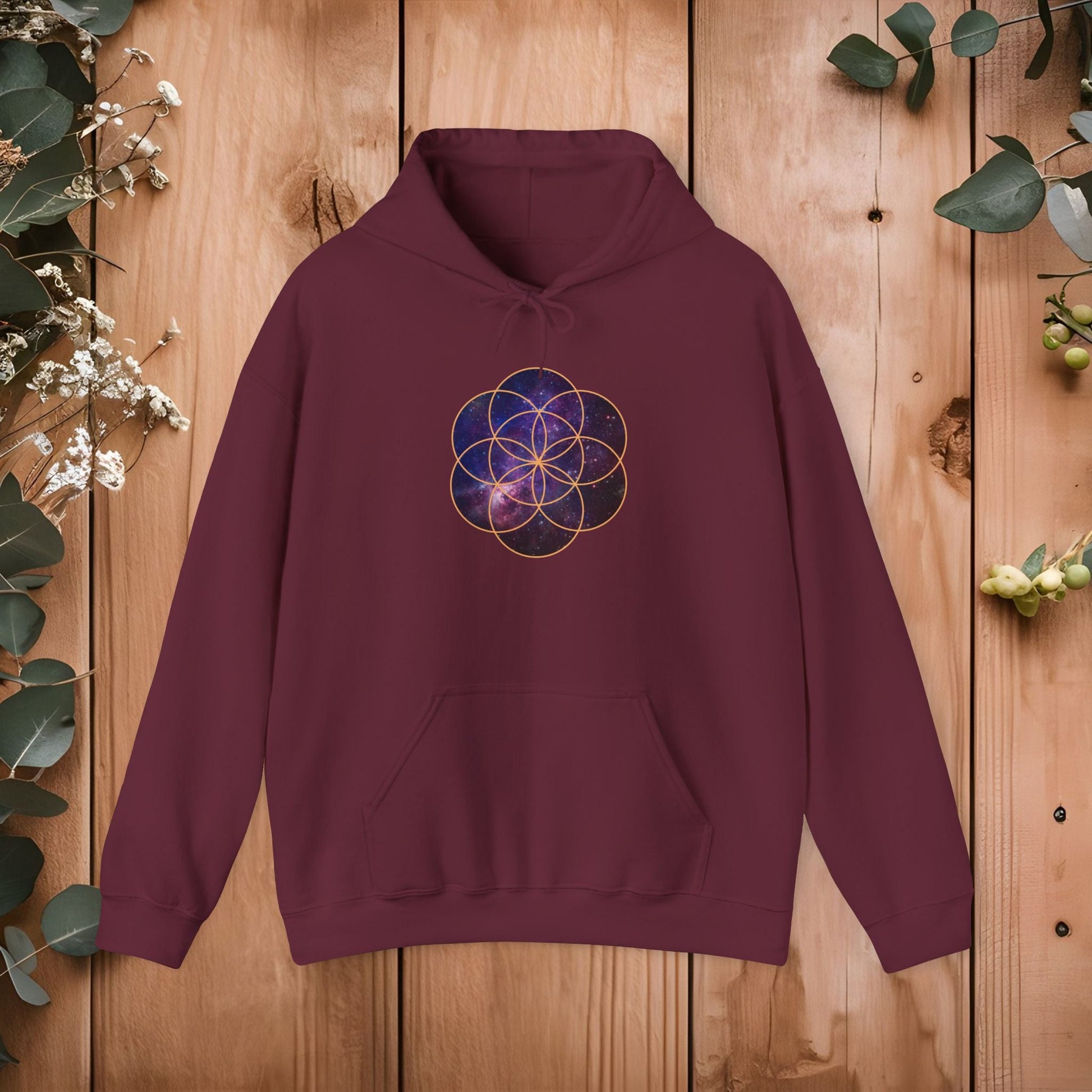 Golden Seed of Life Cosmic Hoodie Sweatshirt, Sacred Geometry Space Nebula Pullover, Unisex Galaxy Print Jumper, Vibrant Geometric Sweater, - EternalAscension