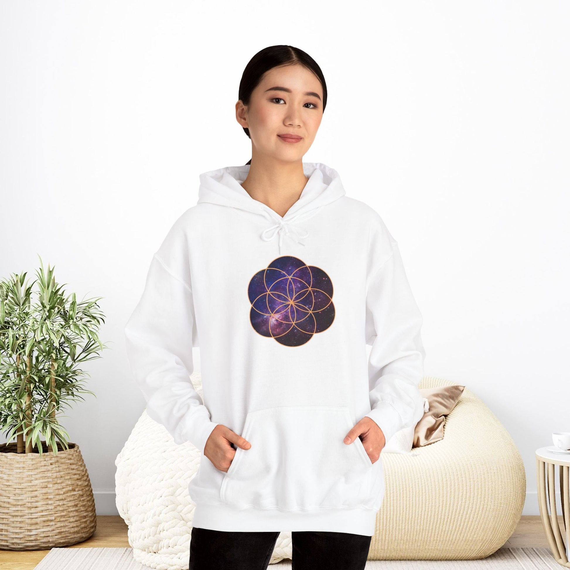 Golden Seed of Life Cosmic Hoodie Sweatshirt, Sacred Geometry Space Nebula Pullover, Unisex Galaxy Print Jumper, Vibrant Geometric Sweater, - EternalAscension