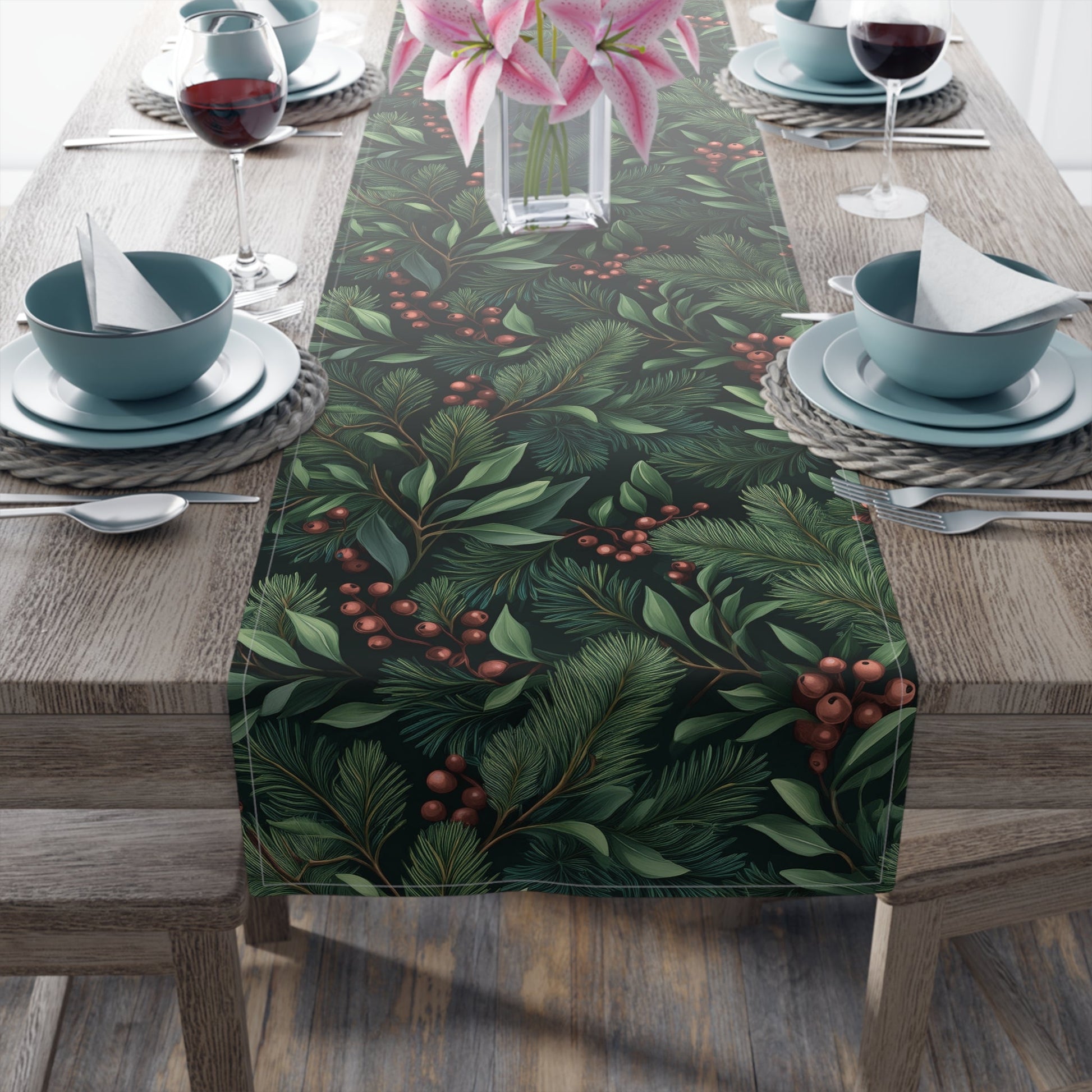 Greenery Table Runner, Festive Dining Decor, Holiday Table Linen, Nature Inspired Centerpiece, Christmas Farmhouse Table Setting, Winter - EternalAscension