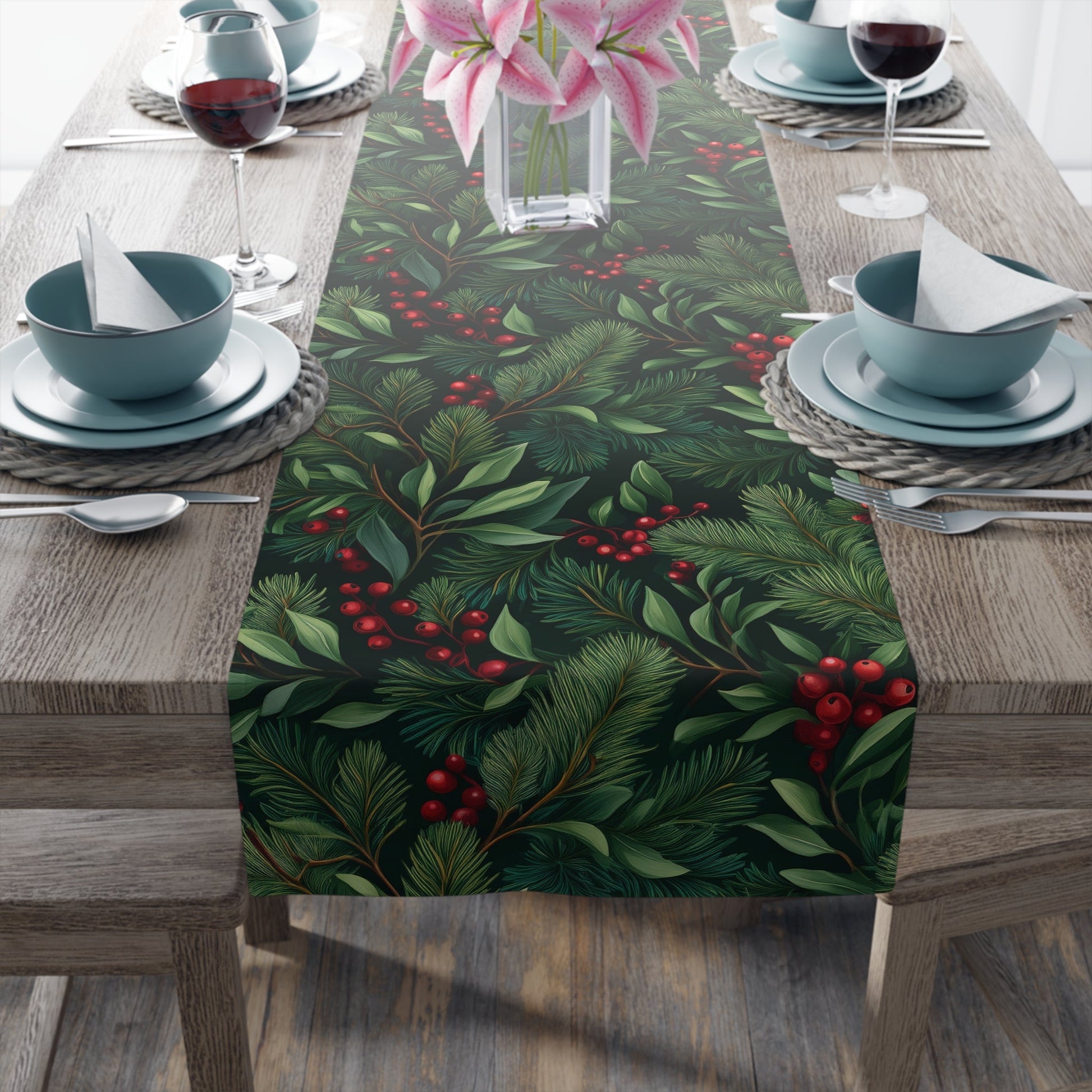 Greenery Table Runner, Festive Dining Decor, Holiday Table Linen, Nature Inspired Centerpiece, Christmas Farmhouse Table Setting, Winter - EternalAscension