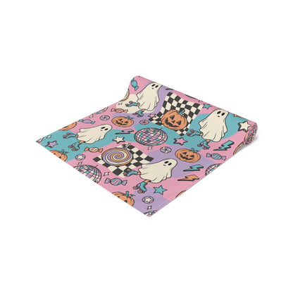 Groovy Halloween Table Runner, Retro Ghost Table Runner, Pink Spooky Table Decor, Cute Pumpkin Dining Table Runner, Fall Party Decor Gift - EternalAscension
