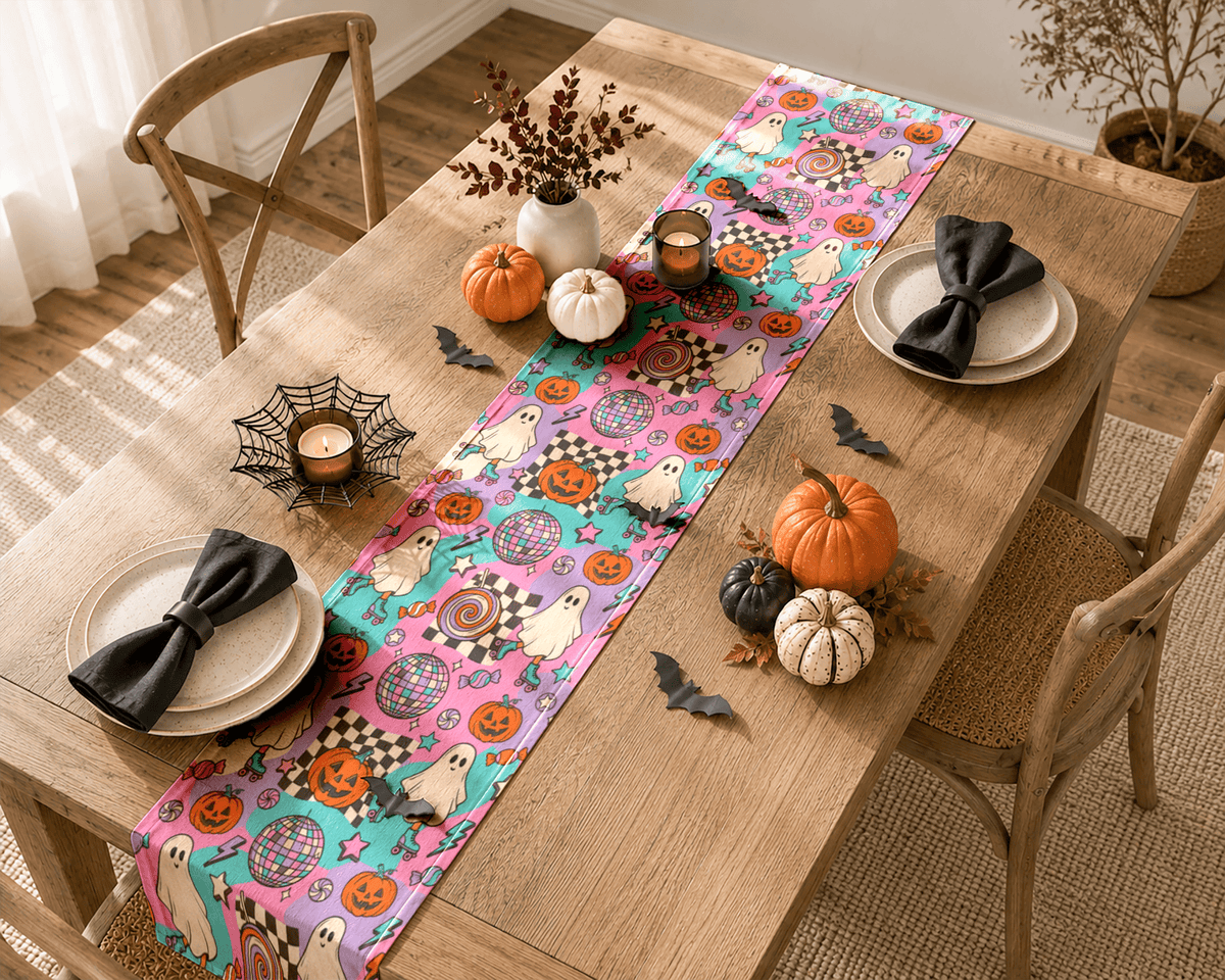 Groovy Halloween Table Runner, Retro Ghost Table Runner, Pink Spooky Table Decor, Cute Pumpkin Dining Table Runner, Fall Party Decor Gift - EternalAscension