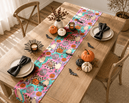Groovy Halloween Table Runner, Retro Ghost Table Runner, Pink Spooky Table Decor, Cute Pumpkin Dining Table Runner, Fall Party Decor Gift - EternalAscension