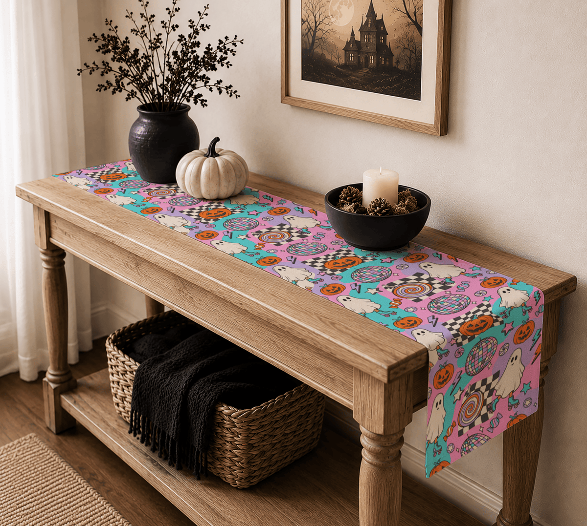 Groovy Halloween Table Runner, Retro Ghost Table Runner, Pink Spooky Table Decor, Cute Pumpkin Dining Table Runner, Fall Party Decor Gift - EternalAscension