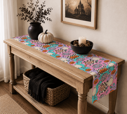 Groovy Halloween Table Runner, Retro Ghost Table Runner, Pink Spooky Table Decor, Cute Pumpkin Dining Table Runner, Fall Party Decor Gift - EternalAscension