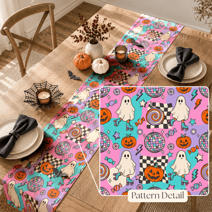 Groovy Halloween Table Runner, Retro Ghost Table Runner, Pink Spooky Table Decor, Cute Pumpkin Dining Table Runner, Fall Party Decor Gift - EternalAscension