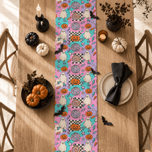 Groovy Halloween Table Runner, Retro Ghost Table Runner, Pink Spooky Table Decor, Cute Pumpkin Dining Table Runner, Fall Party Decor Gift - EternalAscension