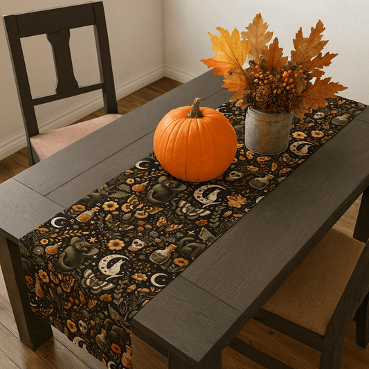 Halloween Table Runner - Celestial Gothic Home Decor - Fall Floral Witchy Linen, Samhain Dining Altar Cloth, Halloween Party Decor, Seasonal - EternalAscension