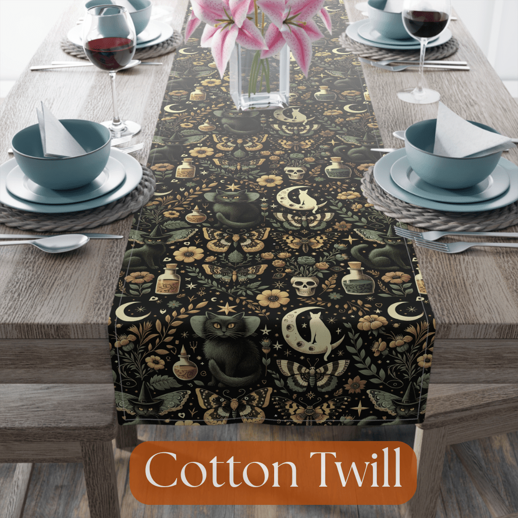 Halloween Table Runner - Celestial Gothic Home Decor - Fall Floral Witchy Linen, Samhain Dining Altar Cloth, Halloween Party Decor, Seasonal - EternalAscension