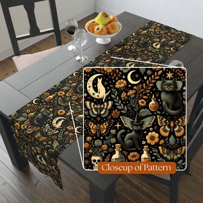 Halloween Table Runner - Celestial Gothic Home Decor - Fall Floral Witchy Linen, Samhain Dining Altar Cloth, Halloween Party Decor, Seasonal - EternalAscension