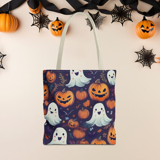 Halloween Trick - or - Treat Tote Bag, Jack - o' - lantern Ghost Pumpkin Fall Festival Purse, Purple All - Over Print Candy Bag, Halloween Costume - EternalAscension